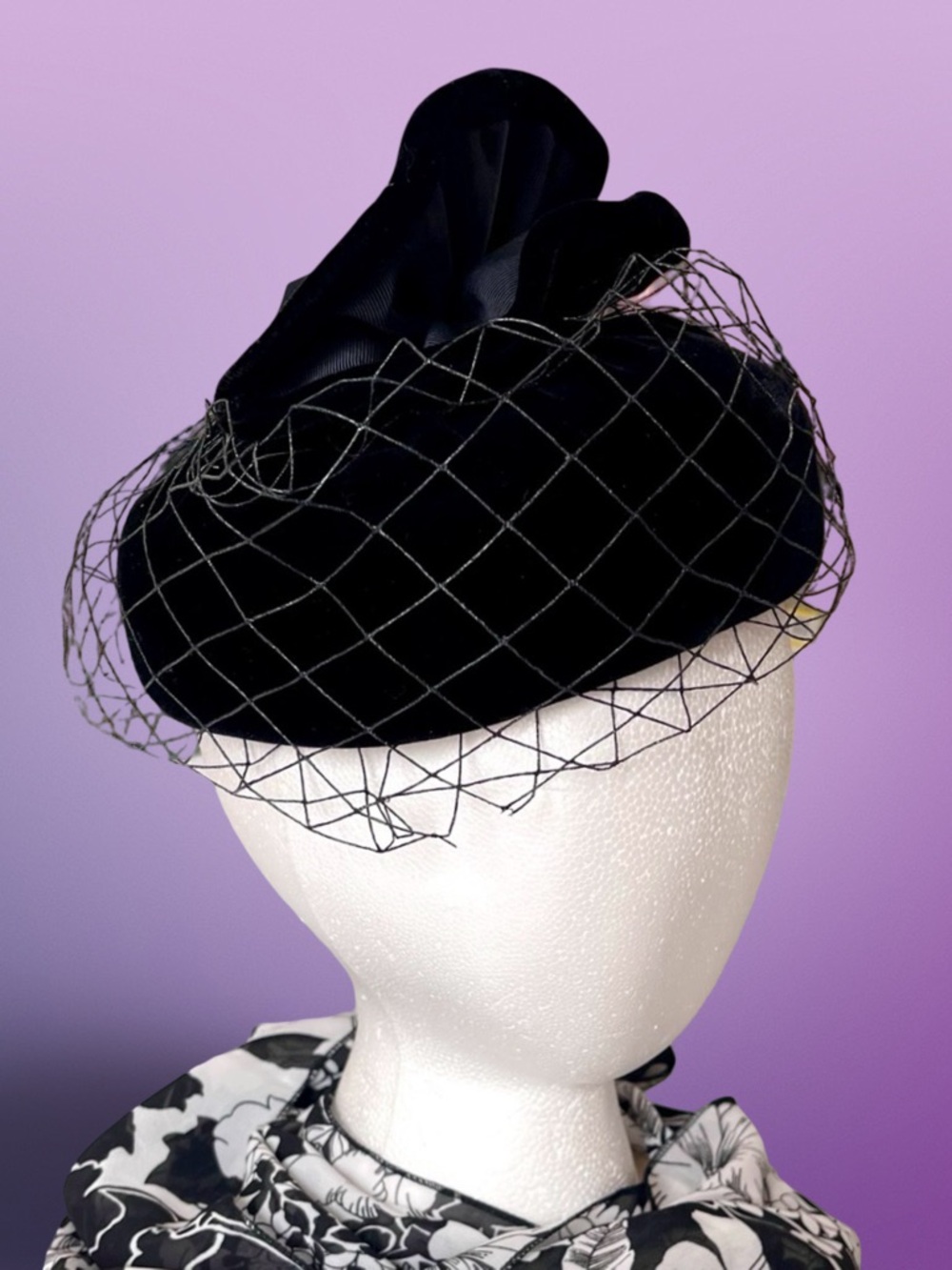 Nan Cie Original 50’s Black Velvet Derby Pillbox Hat Netted Mesh Ribbon Bow